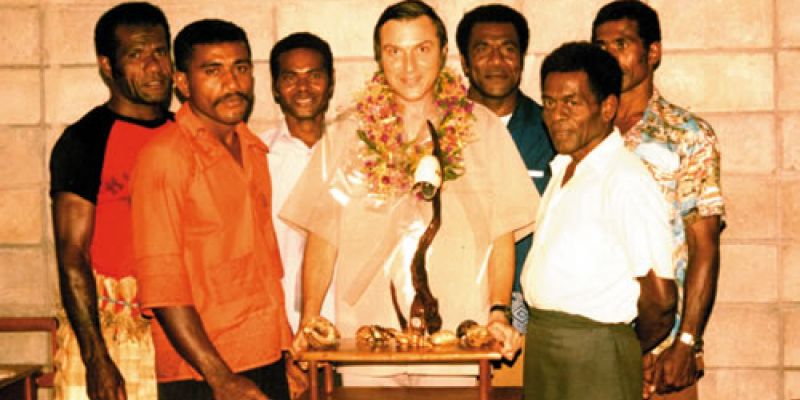 Columban Fr. Charles Duster (center) at the Fiji Solevu Catholic mission